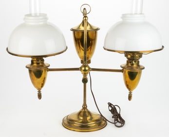 ATTRIBUTED HOLMES, BOOTH & HAYDENS BRASS DOUBLE-ARM KEROSENE STUDENT LAMP