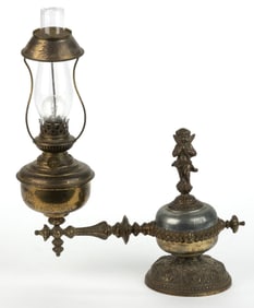 BRASS AND CAST - METAL SINGLE-ARM FIGURAL DESK / PIANO LAMP