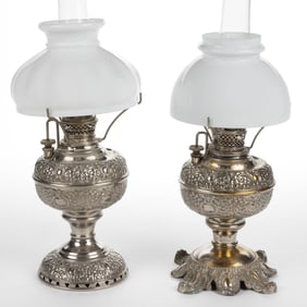 E. MILLER "THE MILLER" NO. 0 KEROSENE CENTRAL-DRAFT STAND LAMPS, LOT OF TWO