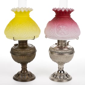 BRADLEY & HUBBARD "LITTLE B & H NO. 0" KEROSENE CENTRAL-DRAFT STAND LAMPS, LOT OF TWO