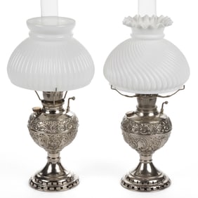 PLUME & ATWOOD "LITTLE ROYAL" KEROSENE CENTRAL-DRAFT STAND LAMPS, LOT OF TWO