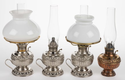 E. MILLER & CO. "TINY JUNO" KEROSENE CENTRAL-DRAFT FOOTED LAMPS, LOT OF FOUR