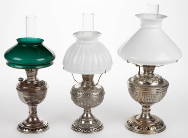 ASSORTED MANUFACTURER'S KEROSENE CENTRAL-DRAFT STAND LAMPS, LOT OF THREE