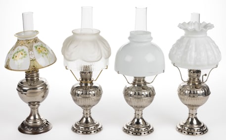 ASSORTED MANUFACTURER'S KEROSENE CENTRAL-DRAFT STAND LAMPS, LOT OF FOUR