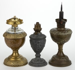 METAL AND GLASS ACETYLENE AND KEROSENE TABLE LAMPS, LOT OF THREE