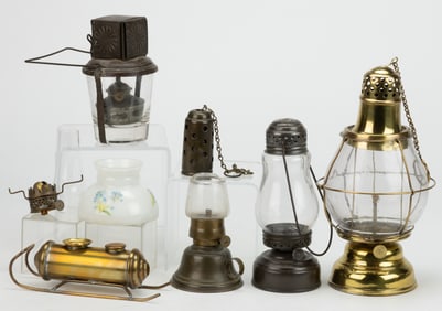 ASSORTED BRASS AND SHEET-IRON LIGHTING ARTICLES, LOT OF FIVE