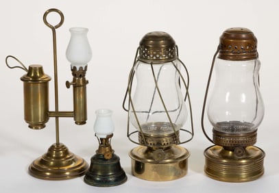 ASSORTED BRASS AND METAL MINIATURE LAMPS AND LANTERNS, LOT OF FOUR