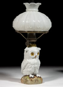 GERMAN PORCELAIN OWL FIGURAL MINIATURE LAMP