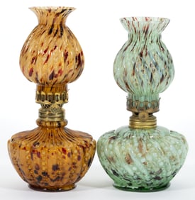 ASSORTED BEADS & RIBS END-OF-DAY SPATTER MINIATURE LAMPS, LOT OF TWO