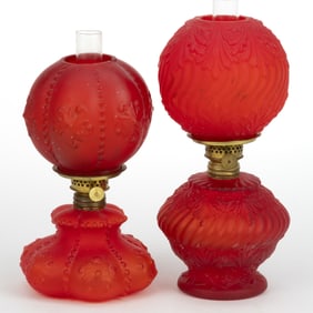ASSORTED PATTERNED SATIN GLASS MINIATURE LAMPS, LOT OF TWO