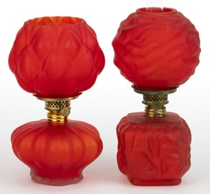 ASSORTED PATTERNED SATIN GLASS MINIATURE LAMPS, LOT OF TWO