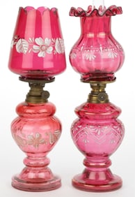 VICTORIAN DECORATED RIB / PANEL-OPTIC MINIATURE LAMPS, LOT OF TWO