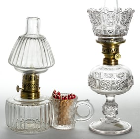 ASSORTED PATTERNED GLASS MINIATURE LAMPS, LOT OF TWO