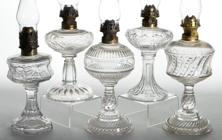 ASSORTED RIVERSIDE GLASS MINIATURE STAND LAMPS, LOT OF FIVE