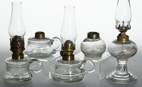 ASSORTED PATTERNED NAME EMBOSSED GLASS MINIATURE LAMPS, LOT OF FIVE