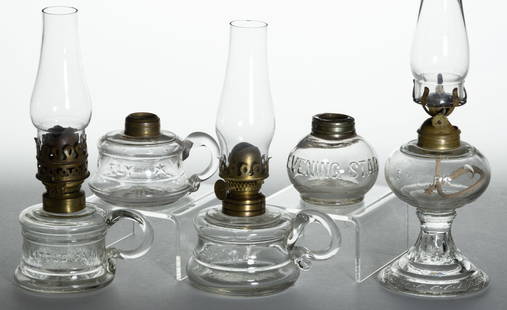 ASSORTED PATTERNED NAME EMBOSSED GLASS MINIATURE LAMPS, LOT OF FIVE: ASSORTED PATTERNED NAME EMBOSSED GLASS MINIATURE LAMPS, LOT OF FIVE, colorless, patterns comprising of three finger examples with each having an applied colorless handle, including a Fire Fly/Smith I,