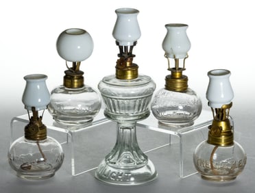 ASSORTED PATTERNED NAME EMBOSSED GLASS MINIATURE LAMPS, LOT OF FIVE