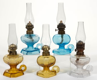 ASSORTED PATTERNED MINIATURE FOOTED FINGER LAMPS, LOT OF FIVE