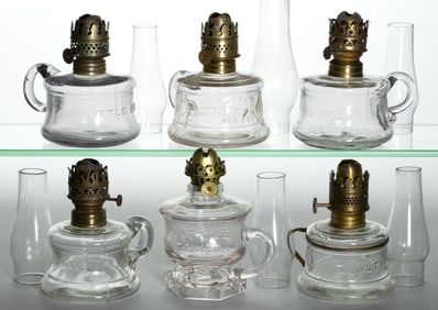 ASSORTED PATTERNED AND NAME EMBOSSED GLASS MINIATURE FINGER LAMPS, LOT OF SIX