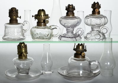 ASSORTED PATTERNED GLASS MINIATURE FINGER LAMPS, LOT OF SIX