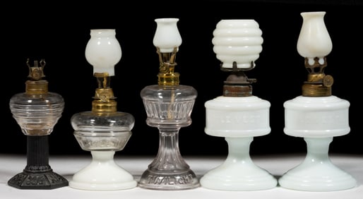 ASSORTED PATTERNED MINIATURE STAND LAMPS, LOT OF FIVE