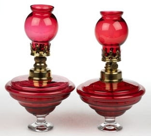 FRENCH BEEHIVE-STYLE ART GLASS MINIATURE STAND / CIGAR LAMPS, PAIR