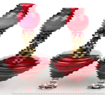 FRENCH BEEHIVE-STYLE ART GLASS MINIATURE STAND / CIGAR LAMPS, PAIR: FRENCH BEEHIVE-STYLE ART GLASS MINIATURE STAND / CIGAR LAMPS, PAIR, cranberry, compressed conical font molded with horizontal rings, colorless applied diminutive circular foot, cranberry ball-form chi
