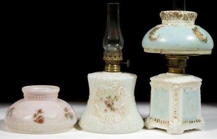 ASSORTED DECORATED OPAQUE GLASS MINIATURE LAMPS, LOT OF TWO