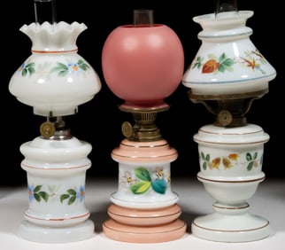 ASSORTED VICTORIAN DECORATED MINIATURE LAMPS, LOT OF THREE