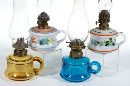 ASSORTED COLORED GLASS MINIATURE FINGER LAMPS, LOT OF FOUR