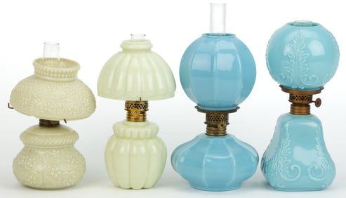 ASSORTED OPAQUE GLASS MINIATURE LAMPS, LOT OF FOUR