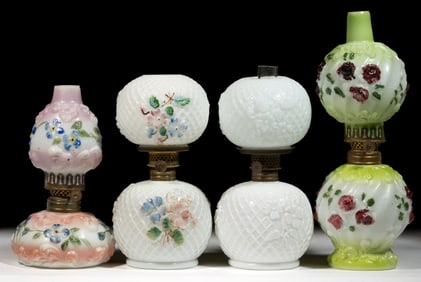 ASSORTED FOSTORIA GLASS CO. PATTERNED MINIATURE LAMPS, LOT OF FOUR