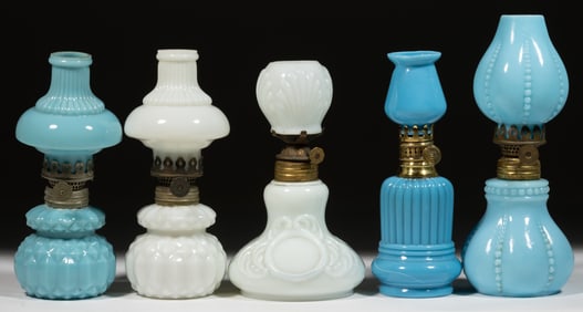 ASSORTED OPAQUE GLASS MINIATURE LAMPS, LOT OF FIVE