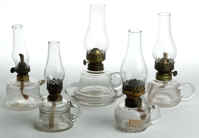 ASSORTED PATTERNED GLASS MINIATURE FINGER LAMPS, LOT OF FIVE