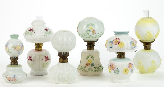 ASSORTED PATTERNED OPAQUE GLASS MINIATURE LAMPS, LOT OF SIX