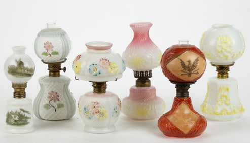 ASSORTED PATTERNED OPAQUE GLASS MINIATURE LAMPS, LOT OF SIX