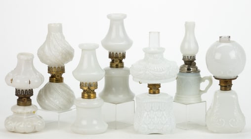 ASSORTED PATTERNED OPAQUE GLASS MINIATURE LAMPS, LOT OF SEVEN