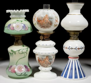 ASSORTED VICTORIAN DECORATED OPAQUE GLASS MINIATURE LAMPS, LOT OF THREE