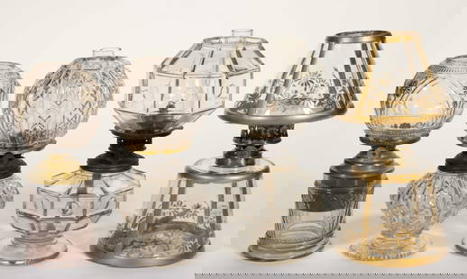 ASSORTED PATTERNED MINIATURE LAMPS, LOT OF FOUR: ASSORTED PATTERNED MINIATURE LAMPS, LOT OF FOUR, colorless, patterns comprising of a Diamond/Smith I, fig. 136; a Panel Bar/Smith I, fig. 138 with gold enamel flowers and bands; a Gothic Arch/Smith I,