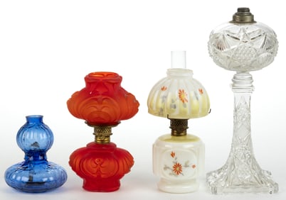 ASSORTED PATTERNED MINIATURE AND JUNIOR-SIZE LAMPS, LOT OF FOUR