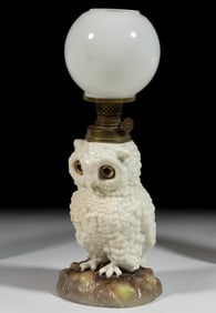 GERMAN PORCELAIN OWL FIGURAL MINIATURE LAMP