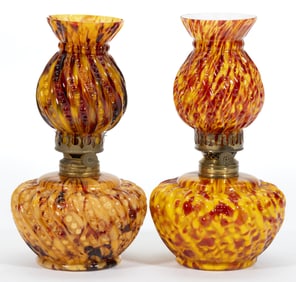 SWIRLED BEADS & RIBS END-OF-DAY SPATTER MINIATURE LAMPS, LOT OF TWO