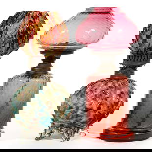 ASSORTED PATTERNED MINIATURE LAMPS, LOT OF TWO: ASSORTED PATTERNED MINIATURE LAMPS, LOT OF TWO, comprising a cased cranberry Diamond Optic/Smith I, fig. 466, matching patterned compressed globular-form shade; and an art glass Ribbed Swirl Spatter/S