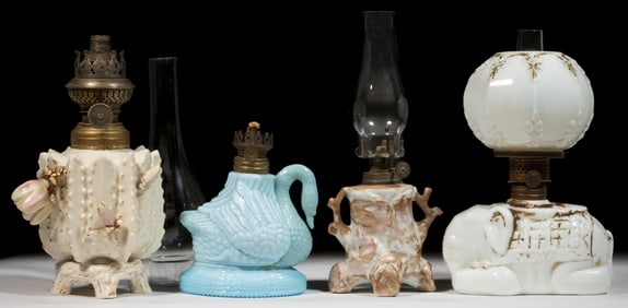 ASSORTED PORCELAIN AND GLASS FIGURAL LAMPS, LOT OF FOUR