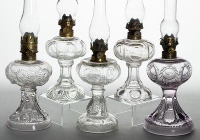 ASSORTED PATTERNED GLASS MINIATURE STAND LAMPS, LOT OF FIVE