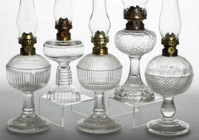 ASSORTED PATTERNED GLASS MINIATURE STAND LAMPS, LOT OF FIVE