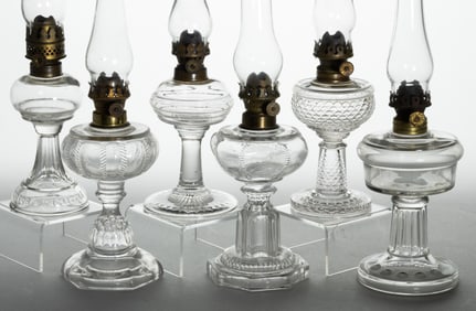 ASSORTED PATTERNED GLASS MINIATURE STAND LAMPS, LOT OF SIX