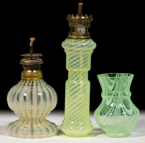 ASSORTED PATTERNED OPALESCENT GLASS MINIATURE LAMP COMPONENTS, LOT OF THREE