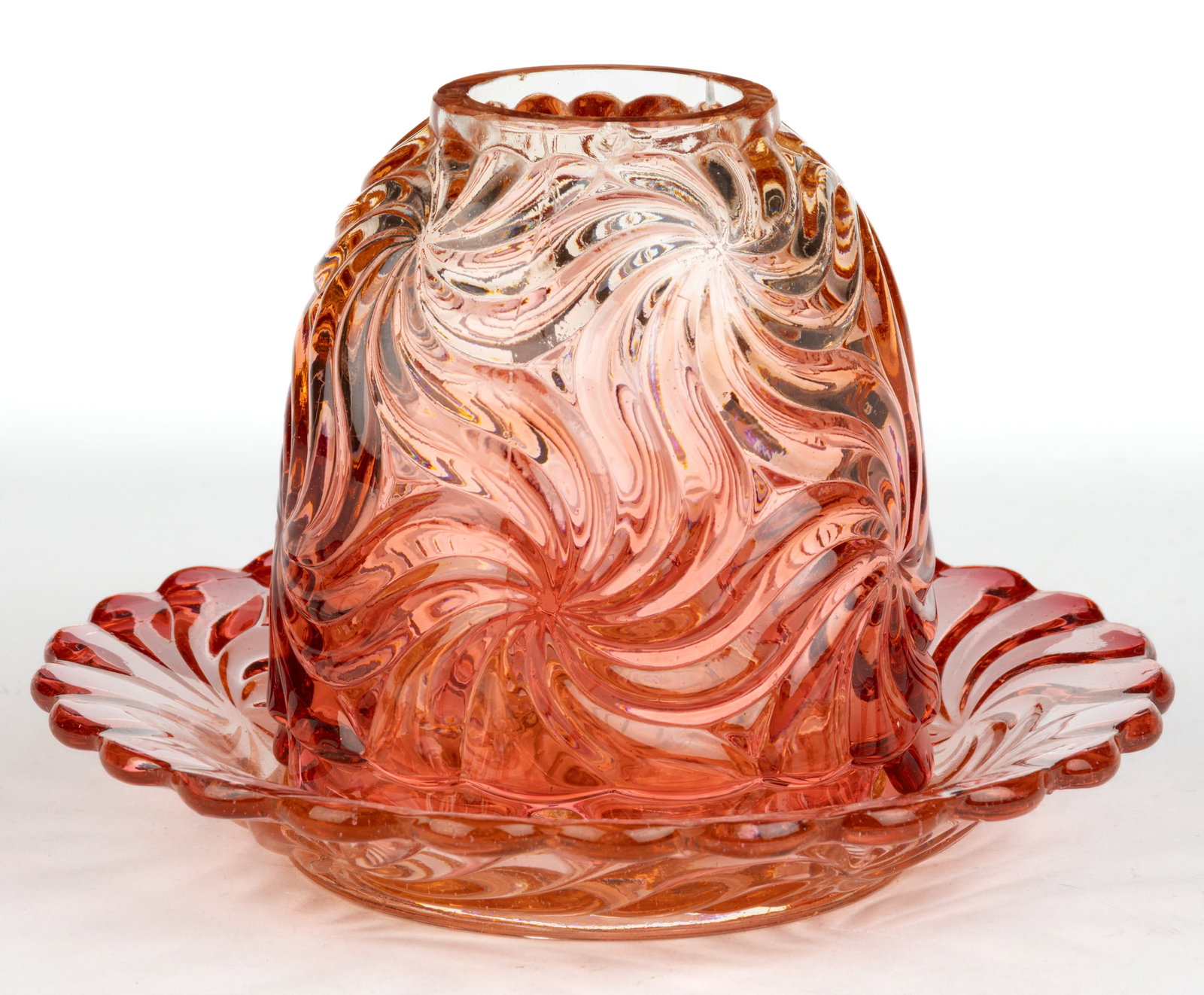 BACCARAT PINWHEEL FAIRY LAMP: BACCARAT PINWHEEL FAIRY LAMP, Rose Tiente, fairy-size dome with five notched vents to the bottom rim, two-part construction comprising the dome resting on a matching saucer-form bowl with scalloped-ed