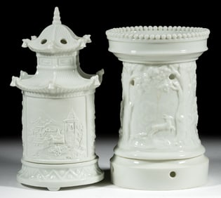 ASSORTED PORCELAIN LITHOPHANE NURSERY / FAIRY LAMPS AND FOOD WARMER, LOT OF TWO